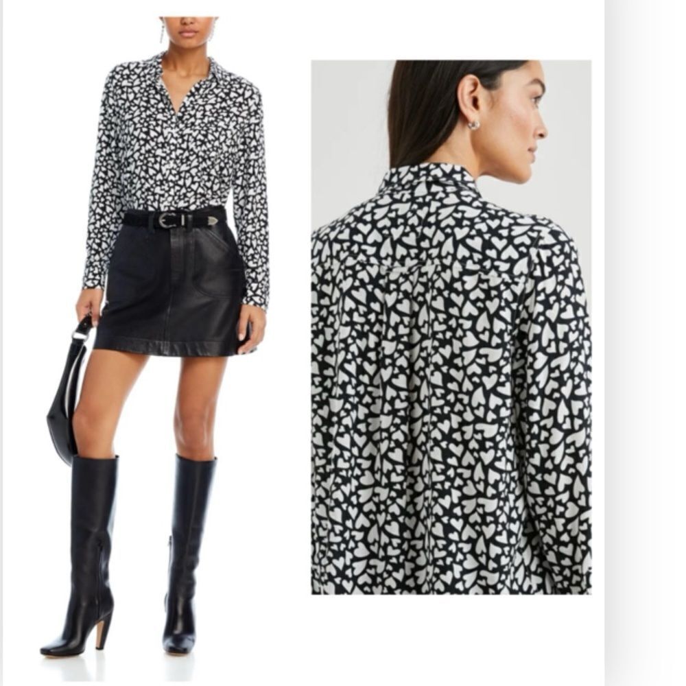 Rails Kathryn Button Up Shirt Women's XS Black/White Heart Print Collared L/S